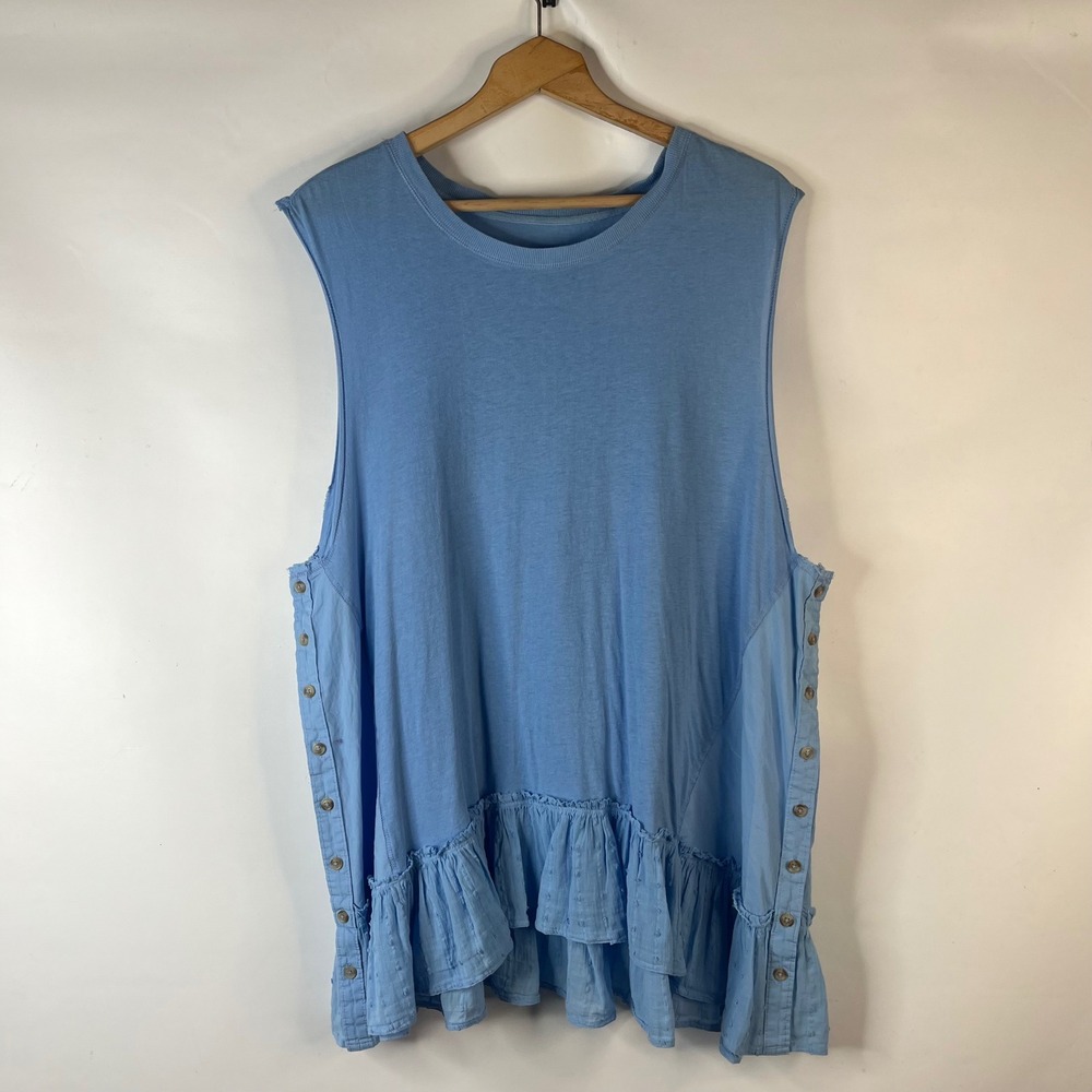 Pilcro Sleeveless Top Womens XL Blue Side Button Ruffle Hem Mixed Media